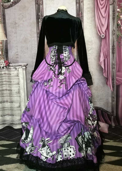 back view showing the details of the graphics on the Violet coloured custom printed and made Alice in Wonderland fabric made into a steel boned under bust corset and matching  Victorian high low bustle skirt