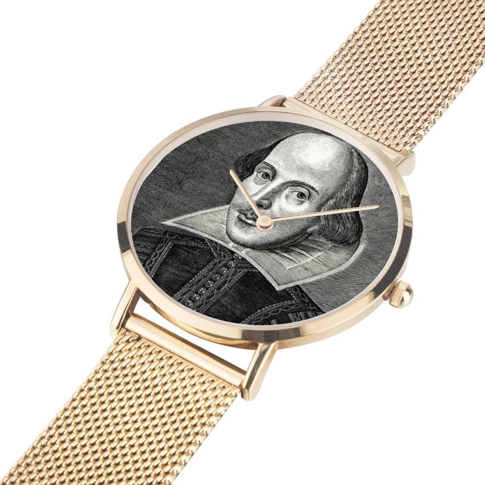 Shakespeare digital printed 8mm thick stainless steel watch, water resistant in rose gold