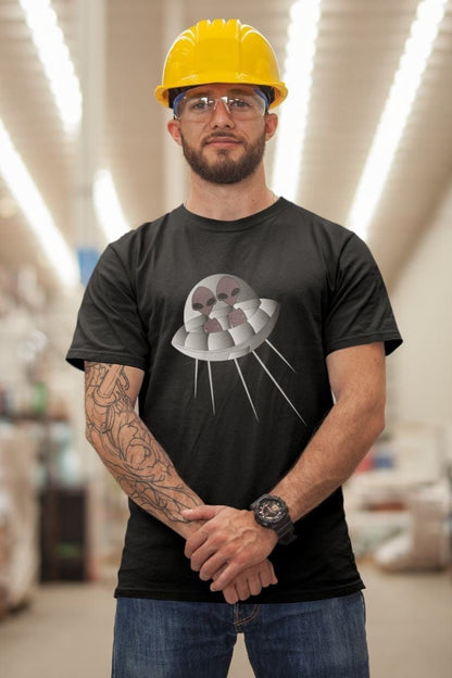 male construction worker wearing Alien First Date t-shirt