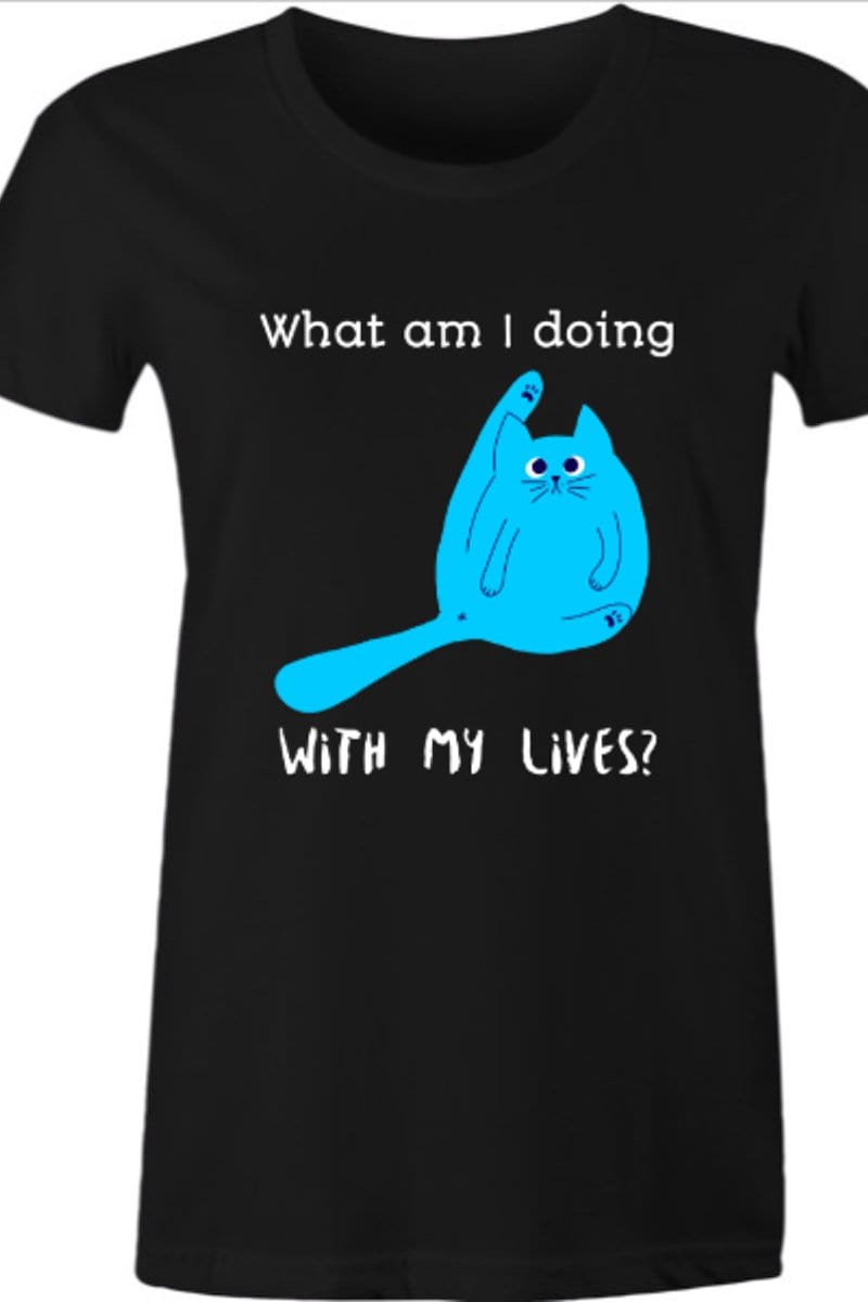 funny cat existential crisis 9 lives meme tee for women
