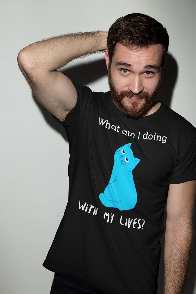 cute bearded hipster craft beer brewer from sydney wearing a funny blue cat meme t-shirt 