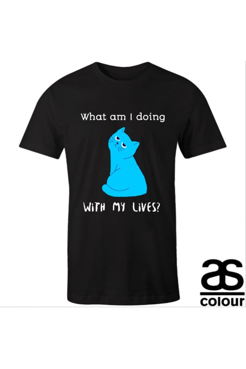 funny blue cat meme men's AS Colour t-shirt printed with a funny blue cat meme