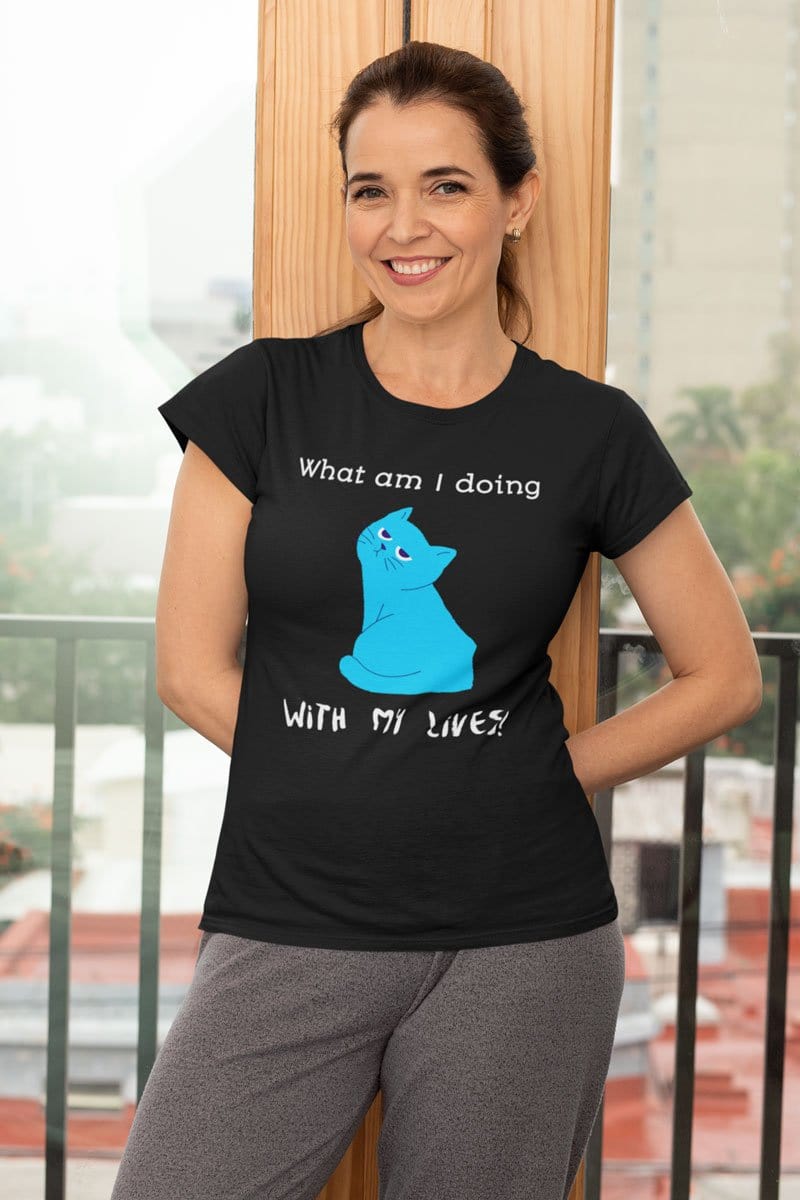 smiling greek australian woman wearing a funny blue cat meme t-shirt from Gallery Serpentine