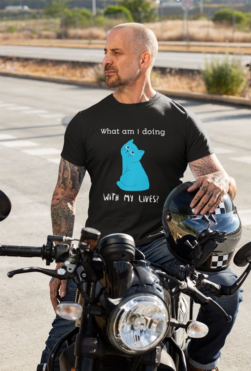 motor bike rider's funny blue cat meme t-shirt