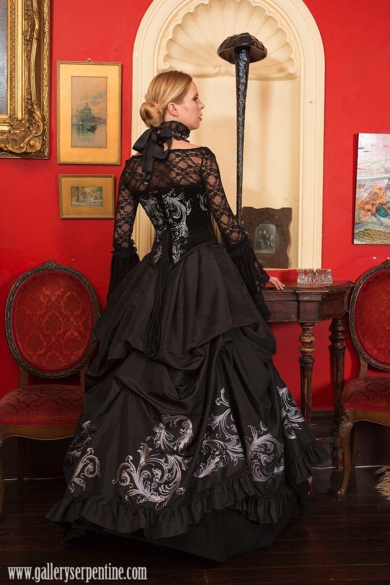 Black gothic Tudor baroque bridal gown by Gallery Serpentine made to measure