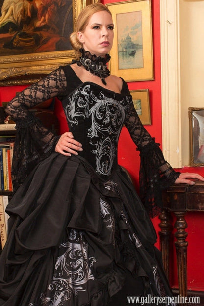handmade & made to measure black gothic bridal gown featuring a Tudor corset