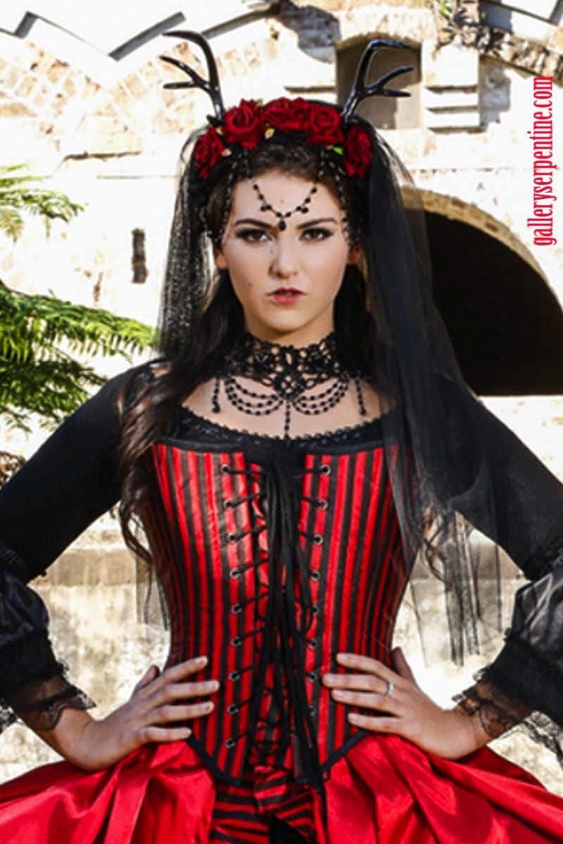 best quality pirate queen bridal gown in red and black custom made to measure
