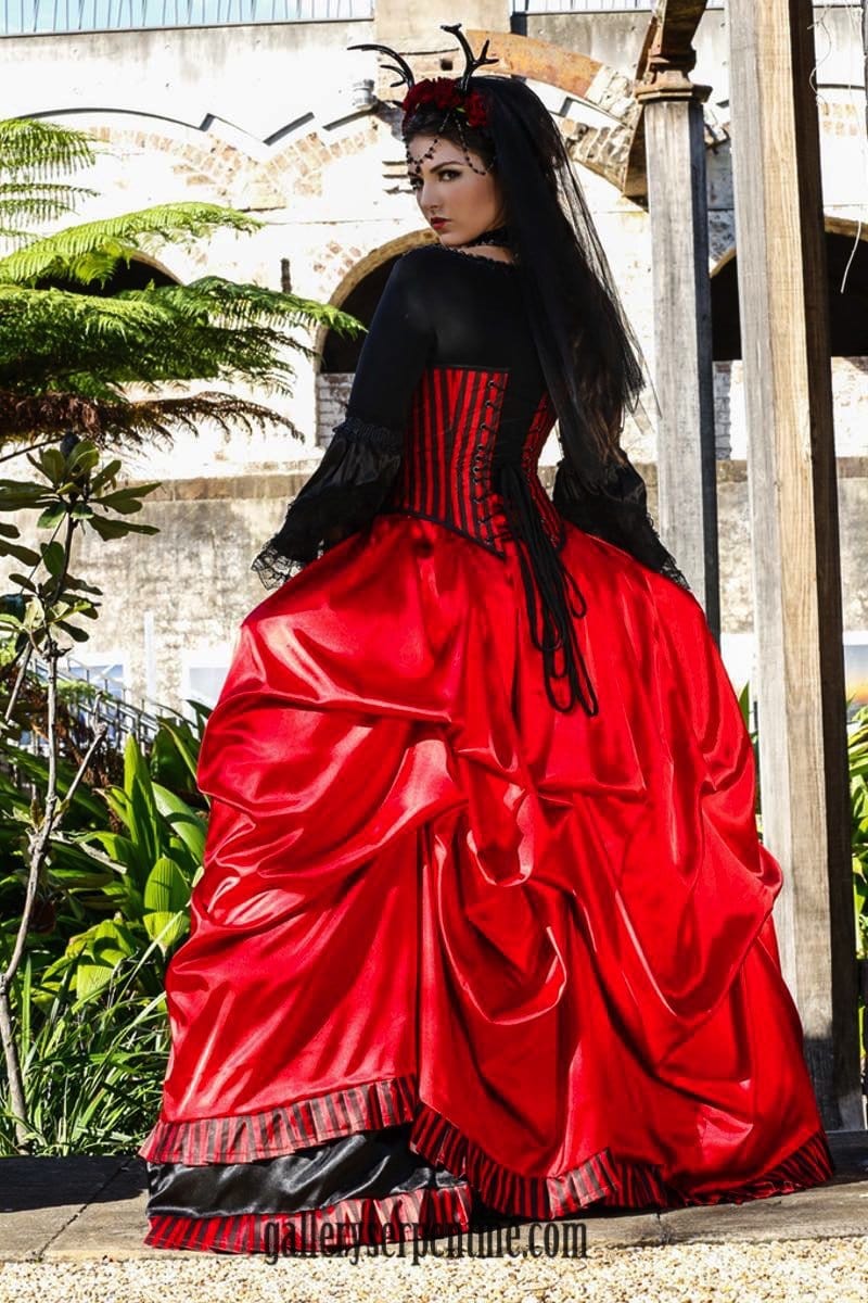 fit for a Pirate Queen wedding red satin and black trim gothic bridal gown
