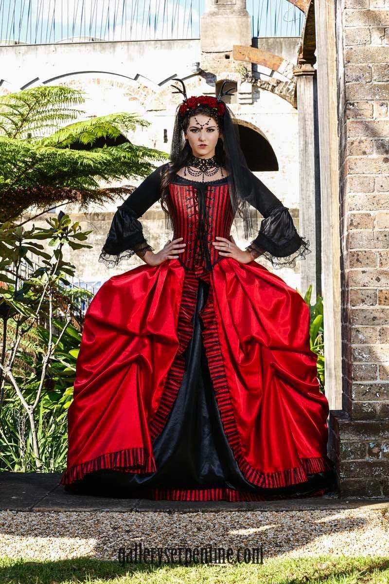red & black gothic bridal gown with marie antoinette shape hoop