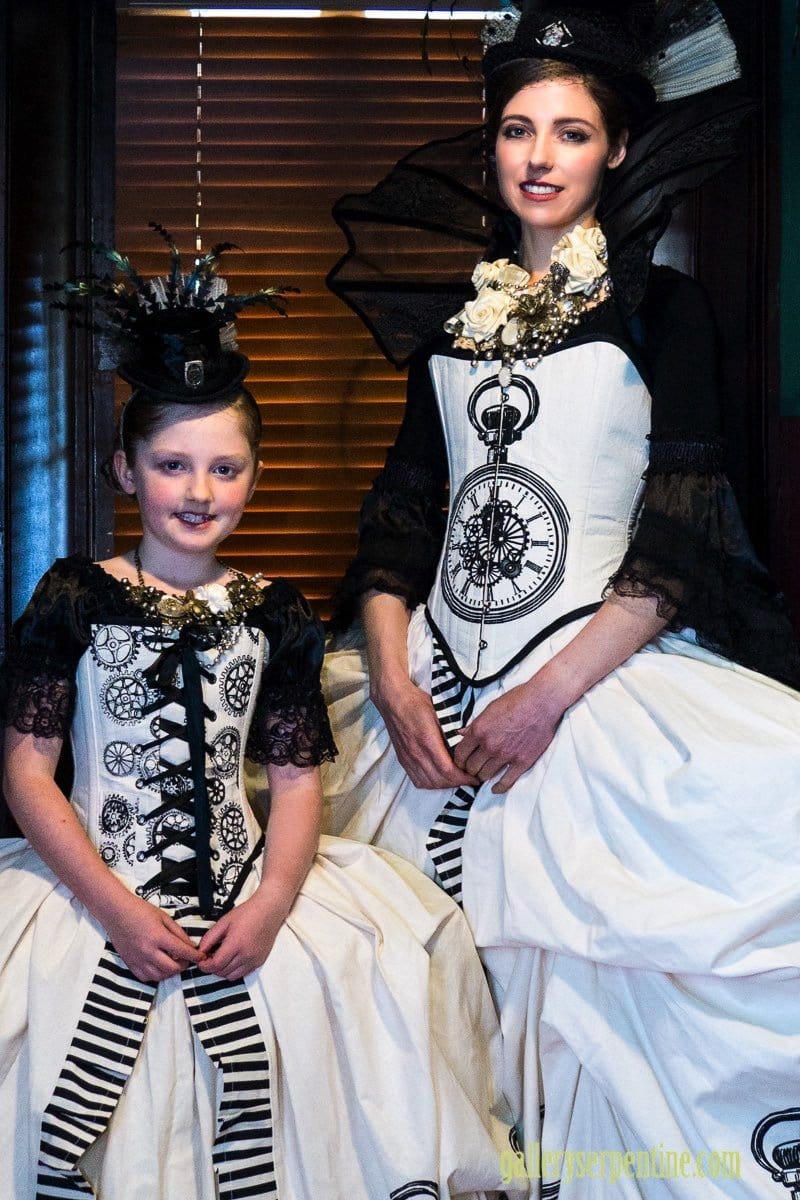 mother & daughter in matching steampunk Marie Antoinette gowns, mother model wearing the Miss Rozellina White, victorian steampunk bridal choker made in Sydney by MisSMasH worn with a Marie Antoinette bridal gown by Gallery Serpentine