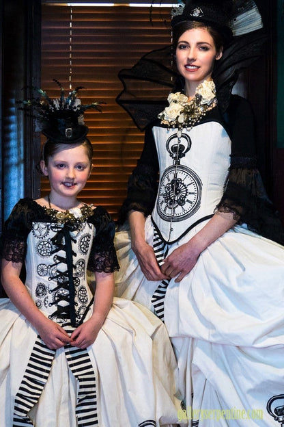 mother & daughter in matching steampunk Marie Antoinette gowns, mother model wearing the Miss Rozellina White, victorian steampunk bridal choker made in Sydney by MisSMasH worn with a Marie Antoinette bridal gown by Gallery Serpentine
