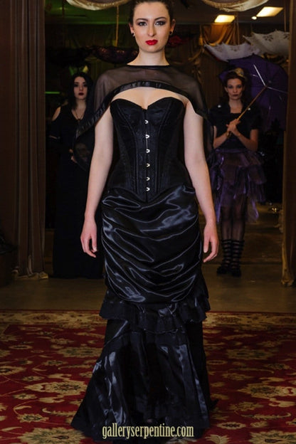 front view, soft aline at front, ebony victorian skirt, late 1880's style from black satin & lace, made to order
