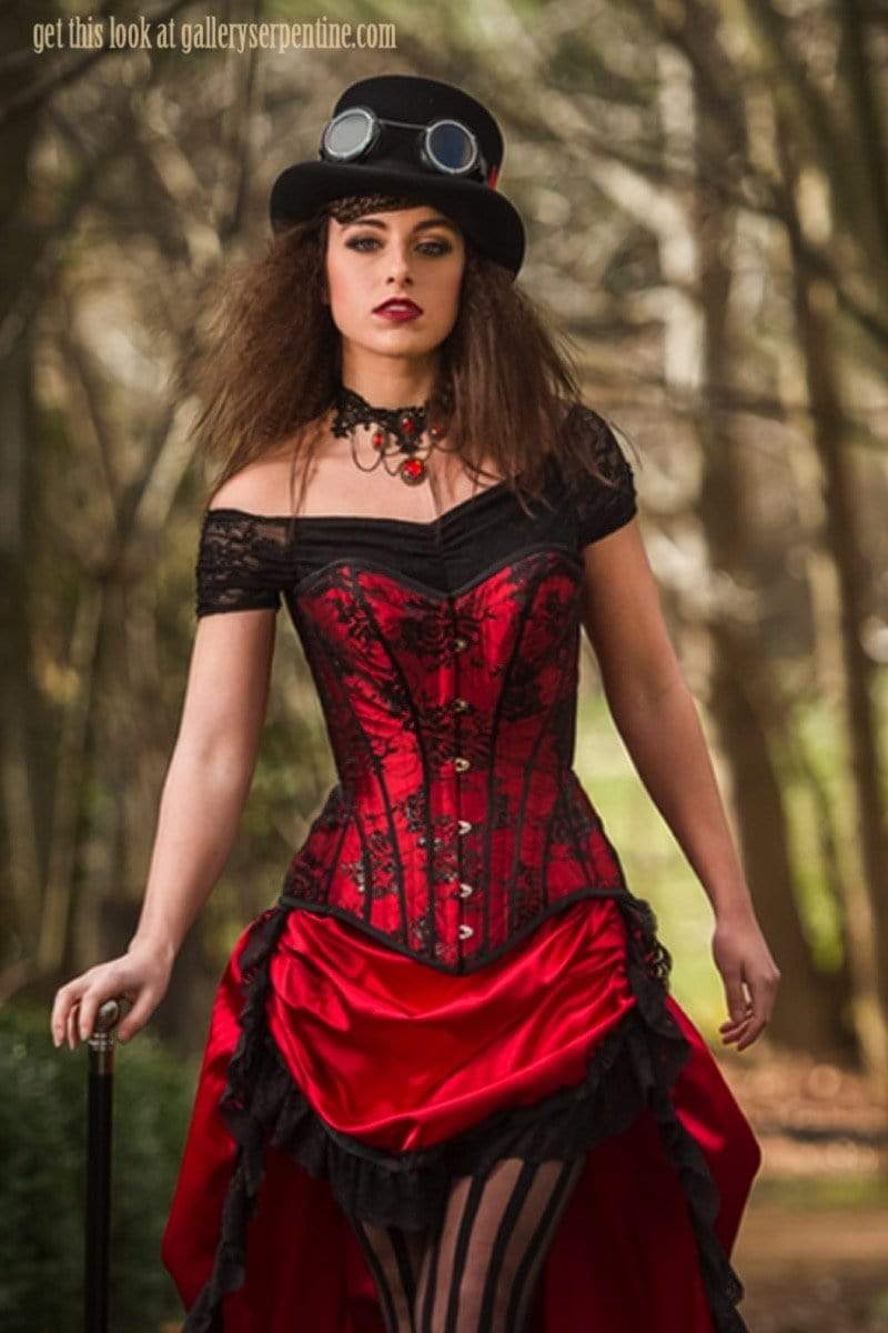 Wild Wild West red satin black lace steampunk tight lacing corset