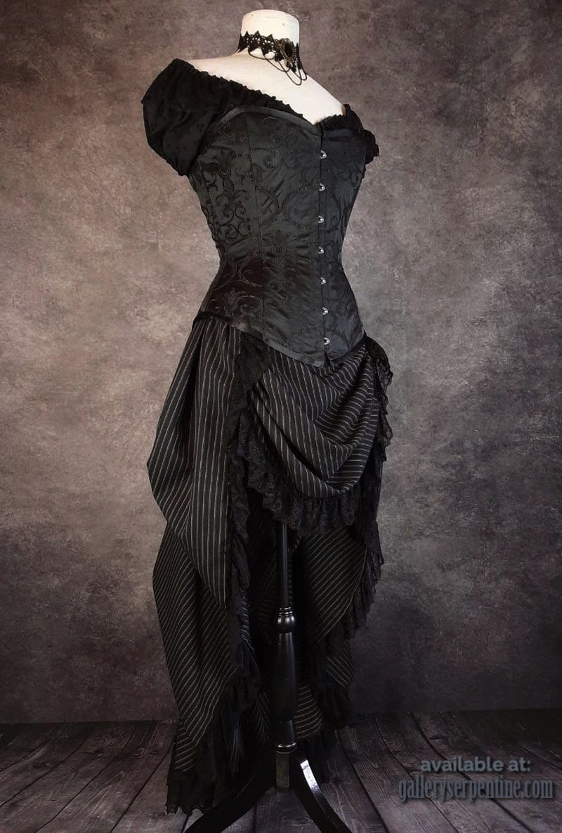 side front view of Venus over bust corset in black brocade at Gallery Serpentine