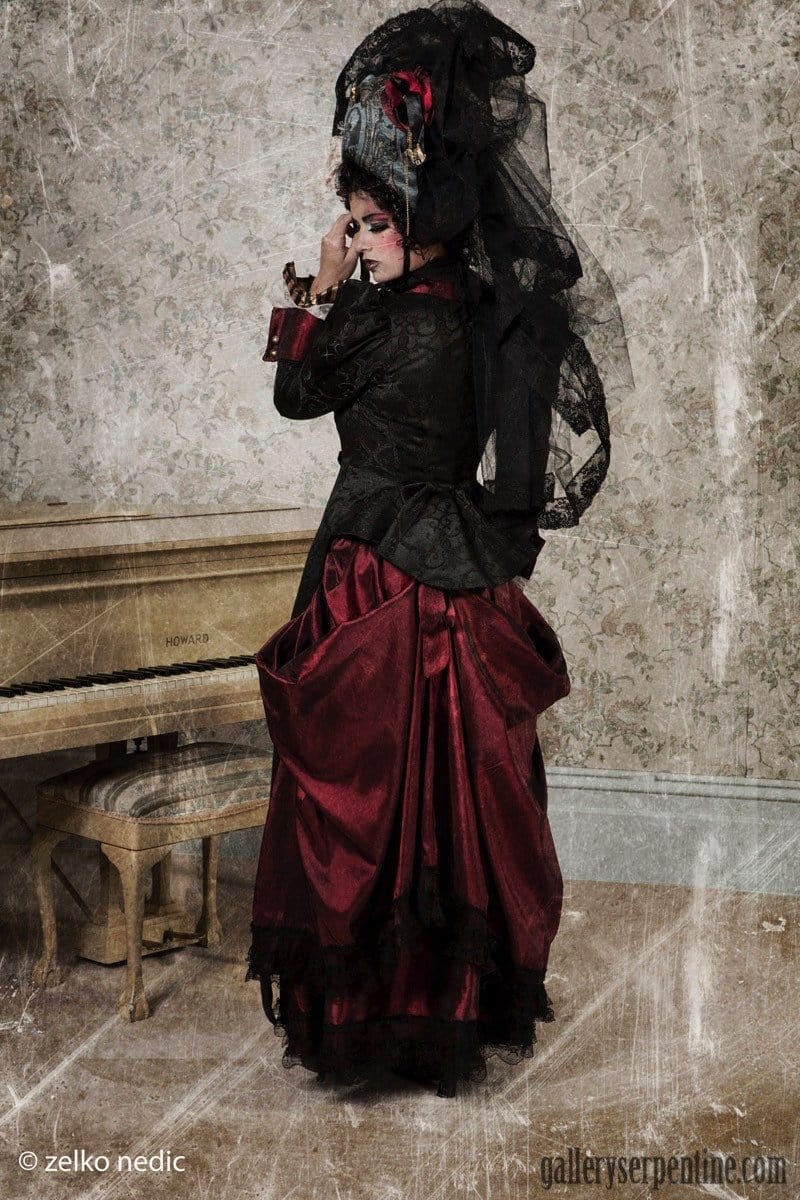 gothic victorian wedding jacket in black brocade and ruby taffeta made in Sydney to your measurements