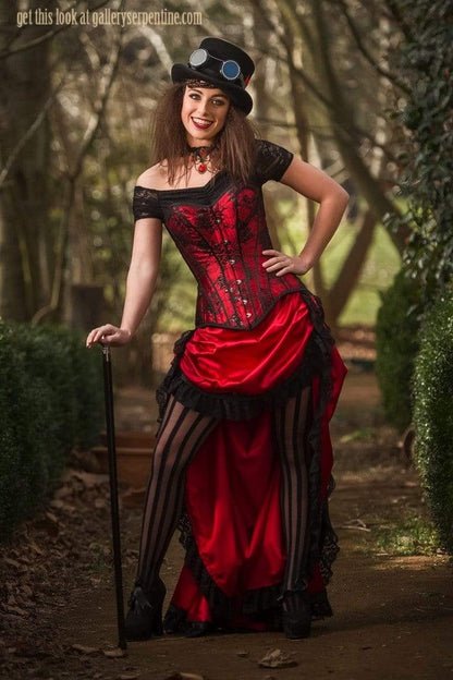 fun model in the Red steampunk saloon Wild Wild West corset costume made in Australia high quality