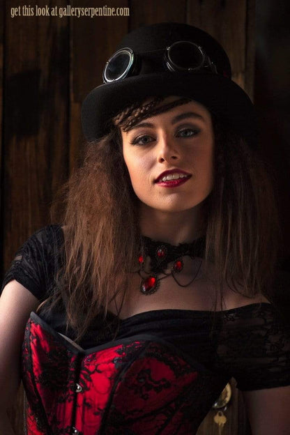 wear with goggles, hat for this look of the Red steampunk saloon Wild Wild West corset costume made in Australia high quality