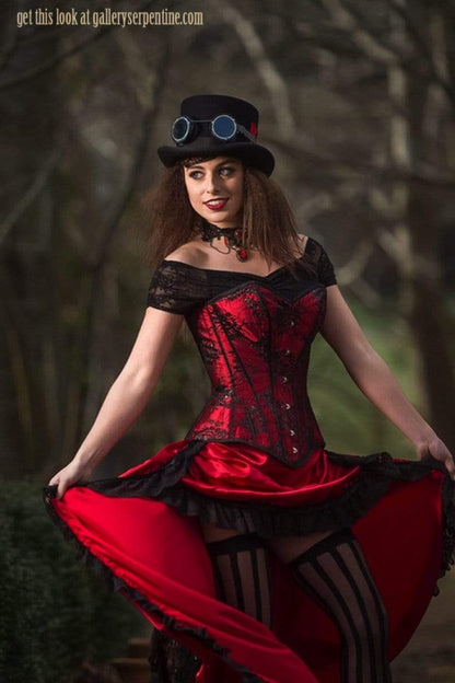 Wild Wild West red satin black lace steampunk tight lacing corset