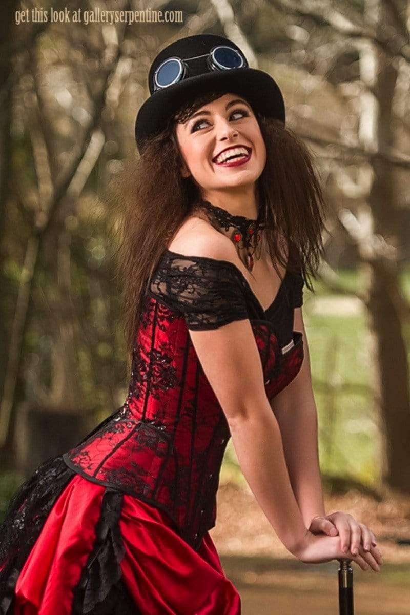 side view of the Red steampunk saloon Wild Wild West corset costume made in Australia high quality